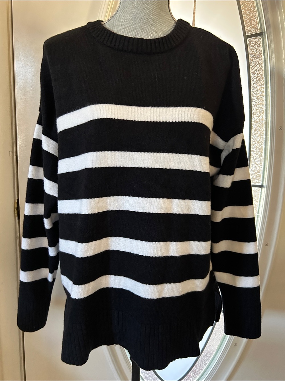 French Connection Black and White Striped Crewneck Sweater